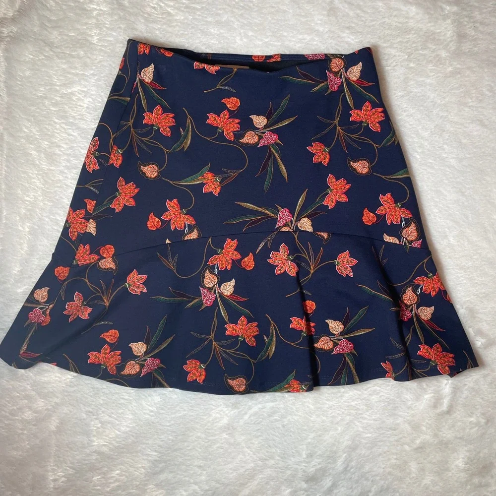 LOFT Navy Blue Tropical Floral Flounce Hem Mini Skirt XS NWT Cottagecore Preppy‎